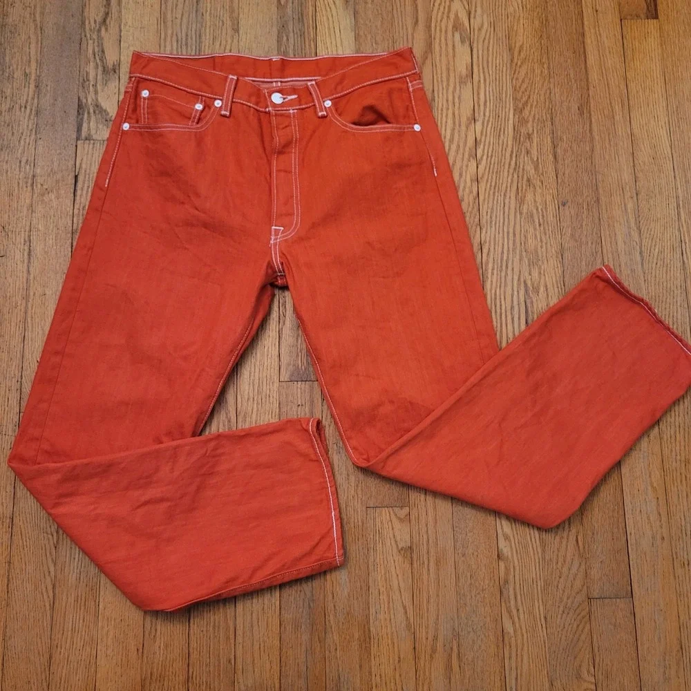 Levis 34x32 Jeans Orange Red Straight Leg White Contrast Stitch 501 Retro 90s